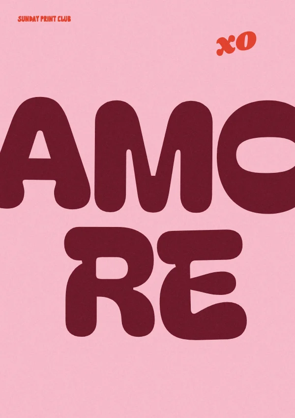 Amore print: oversized burgundy bubble letters spelling amore on a candy pink background