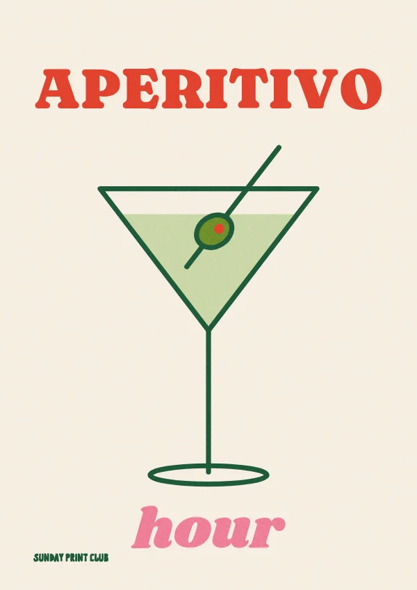 Aperitivo Hour print: a green line-drawn martini with an olive between the words aperitivo and hour on cream