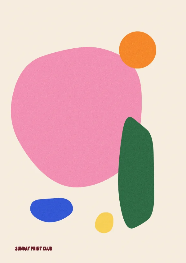 Cut-outs No. 1 print: organic pink, green, orange, blue and yellow shapes on a warm cream background