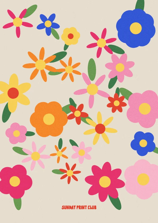 More Flowers, Please print: dozens of flat flowers in pink, cobalt, orange and yellow with green leaves on a putty background