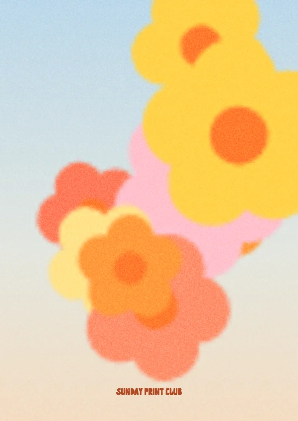 Soft Hours print: blurred yellow and orange flowers against a pale blue and cream sky
