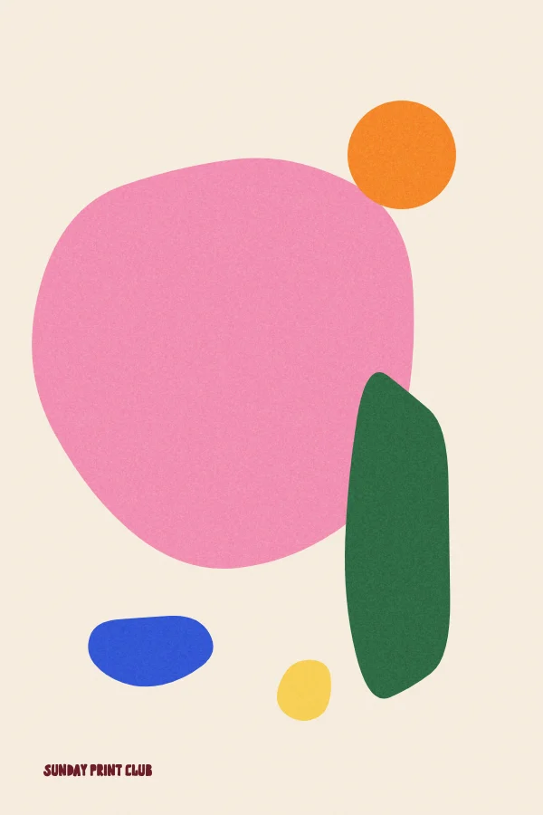 Cut-outs No. 1 print: organic pink, green, orange, blue and yellow shapes on a warm cream background