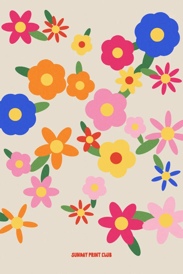 More Flowers, Please print: dozens of flat flowers in pink, cobalt, orange and yellow with green leaves on a putty background