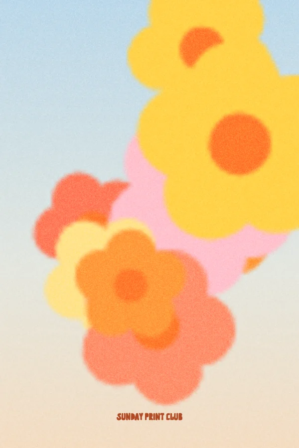 Soft Hours print: blurred yellow and orange flowers against a pale blue and cream sky